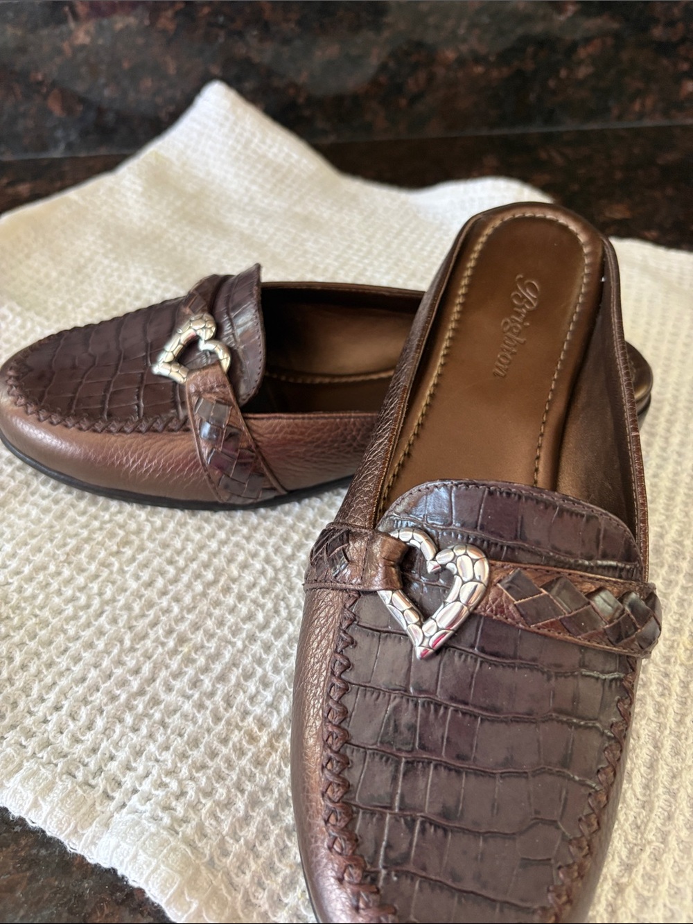 Brighton Brown Croc-Embossed Heart-Buckle Mules